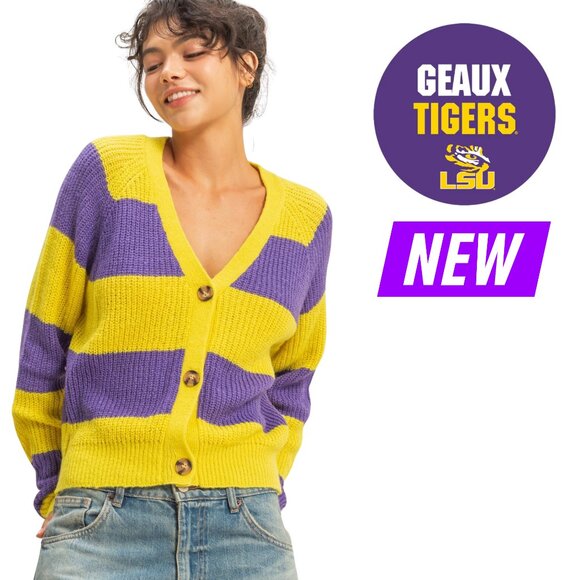 Yellow Purple LSU Football Gameday Knit Sweater NEW NWT S-M-L - Picture 1 of 6